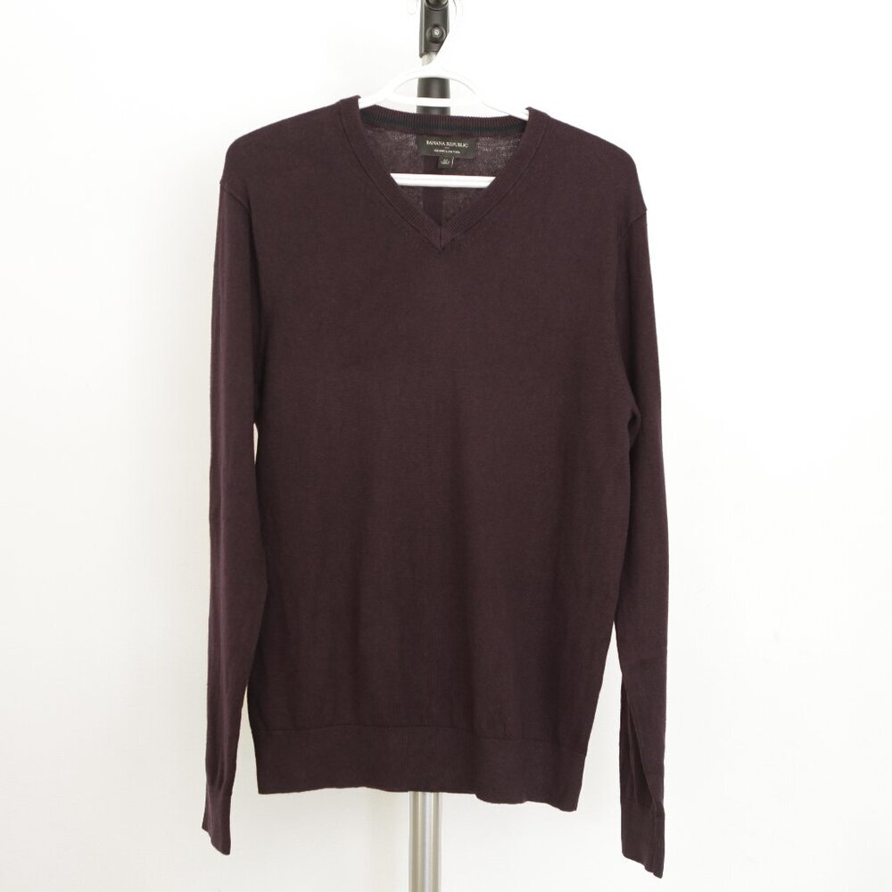 Sz M- Banana Republic Fcty Cotton Rayon Silk Cashmere Purple V-Neck Knit Sweater